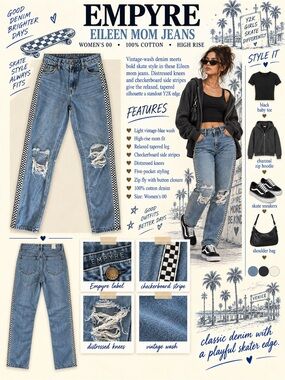 Empyre Distressed Light Blue Boyfriend Jeans with Checker Side Stripe